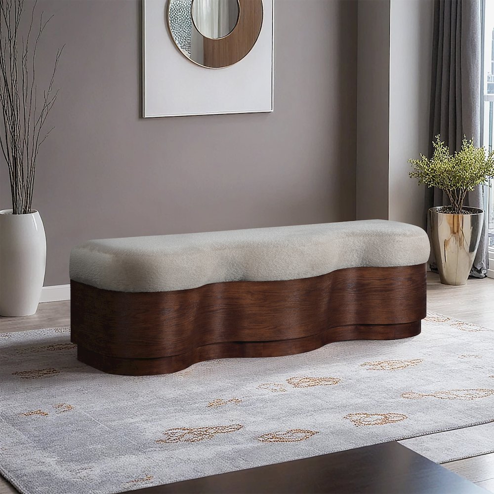 Savoy Beige Velour Fur Fabric Bench