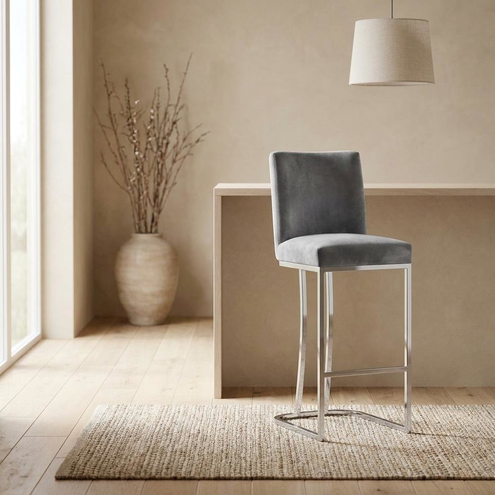Velvet Contemporary Counter Stool, Chrome Legs, Grey Velvet