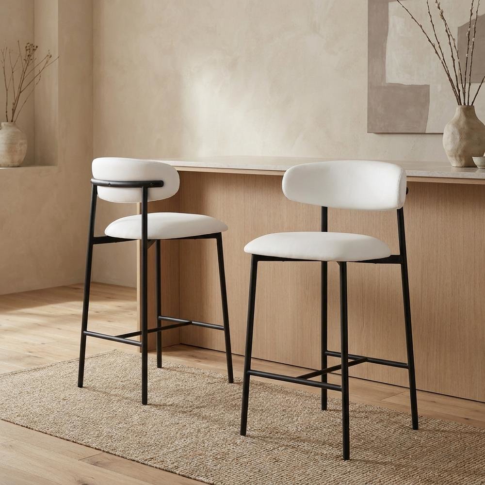 Vegan Leather Counter Stools with Back, Kitchen Island, Off-White, Set of 2