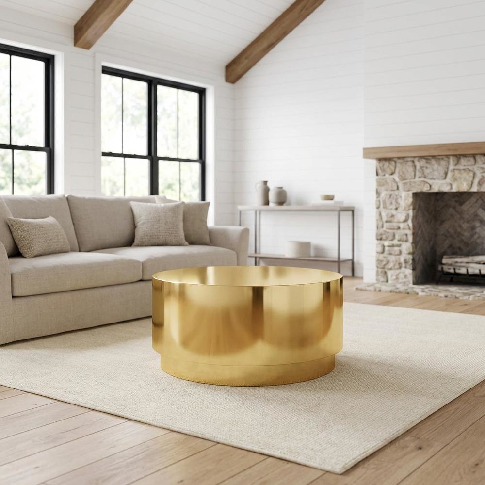 Contemporary Gold Coffee Table with Drum Legs and Stylish Finish