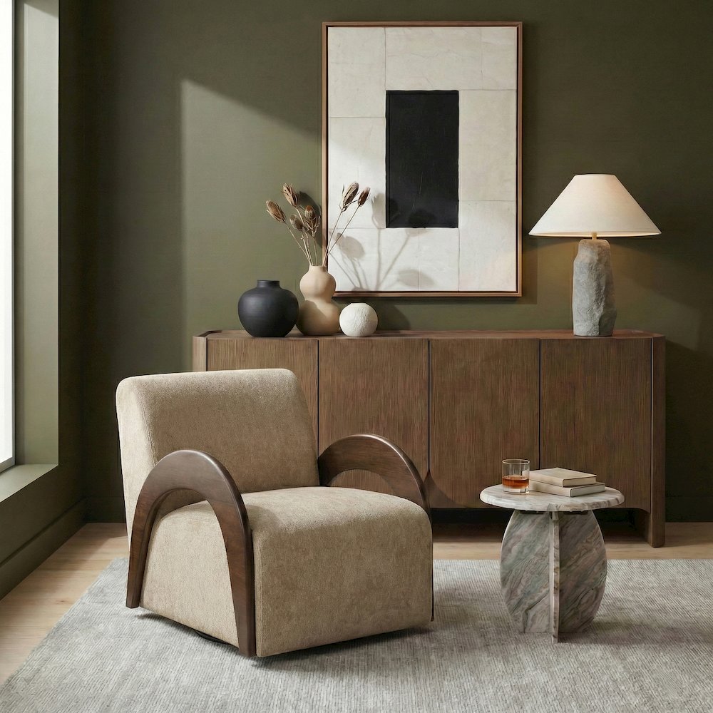 Neria Beige Chenille Fabric Upholstered Swivel Accent Chair