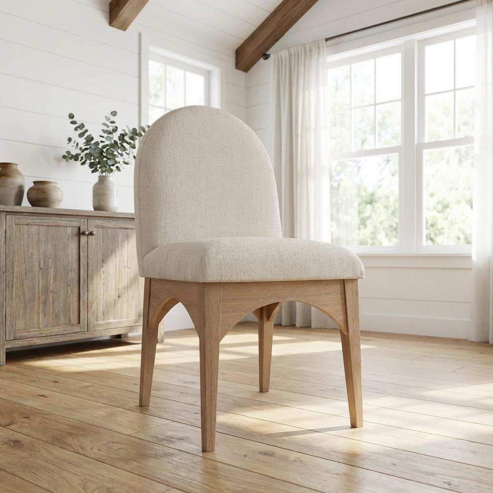 Neutral Chenille Fabric Dining Chair with Art Deco Design and Cushioned Seat