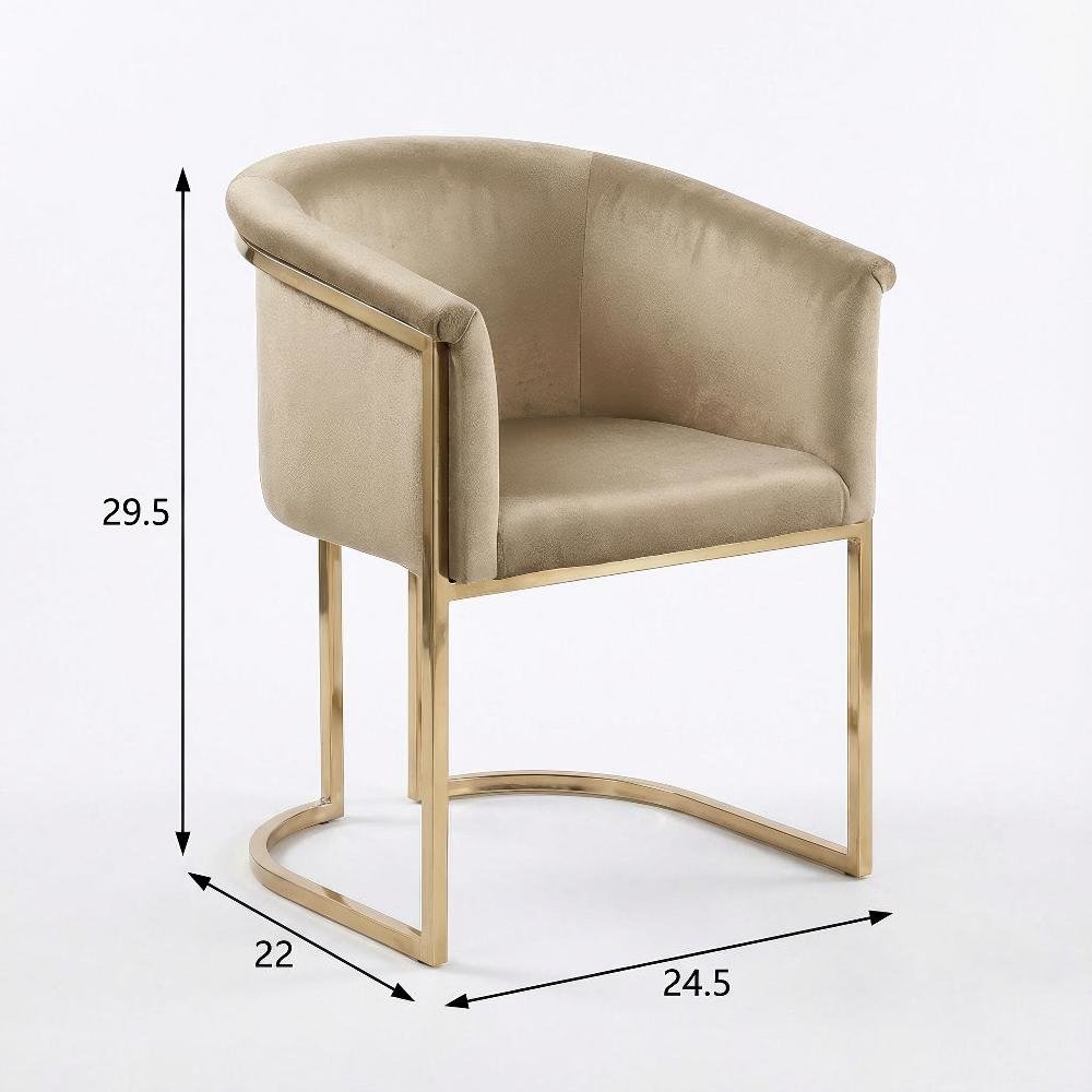 Beige Velvet Dining Chair in Brushed Brass with Contemporary Back Support