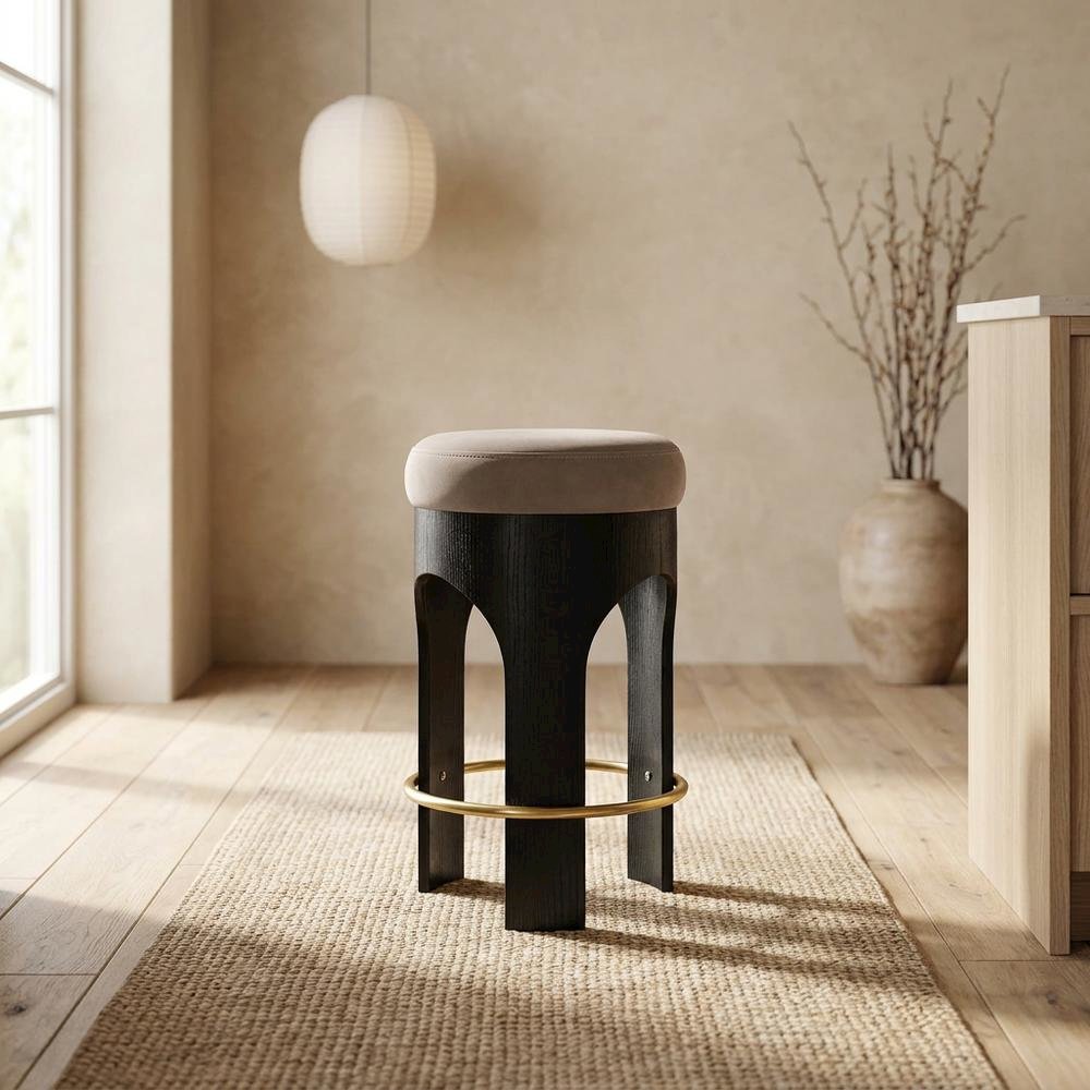 Velvet Backless Counter Stool, Round Seat, 3-Leg Base, Taupe