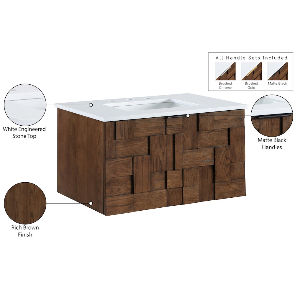 Leonardo 30" Brown Engineered Stone And Solid Wood Wall Mounted Bathroom Vanity