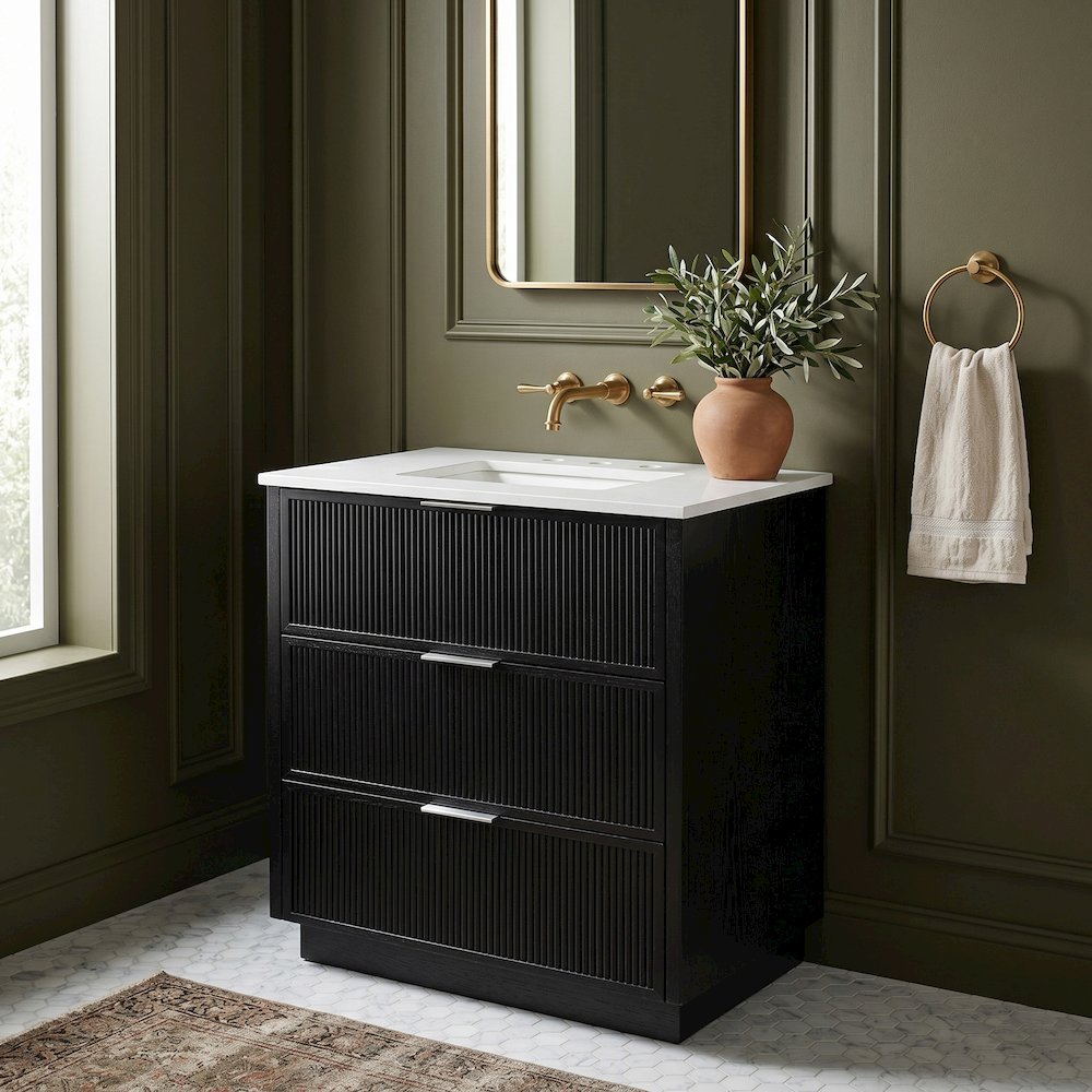 Willard 30" Black Engineered Stone And Solid Wood Bathroom Vanity