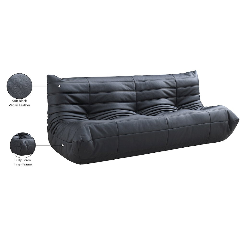 Relax 77.75" Black Vegan Leather Upholstered Sofa