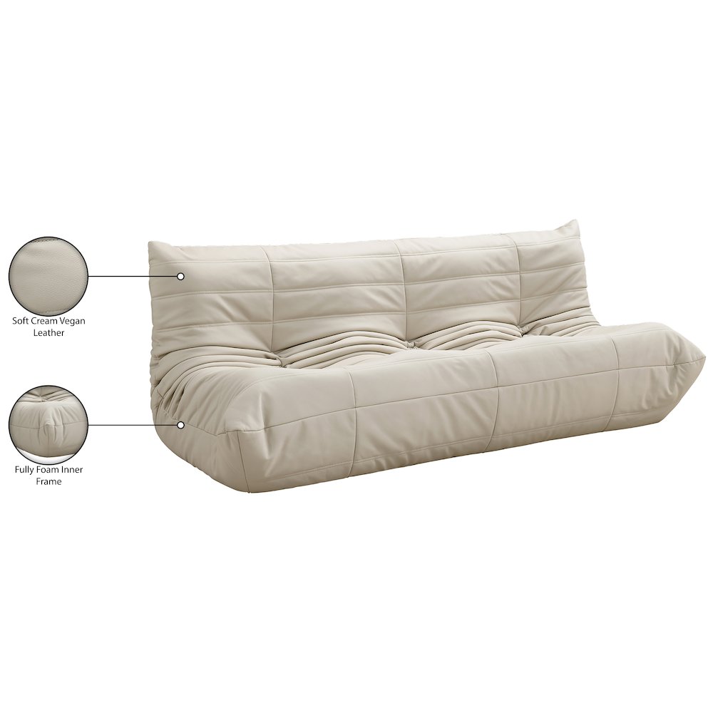 Relax 77.75" Cream Vegan Leather Upholstered Sofa