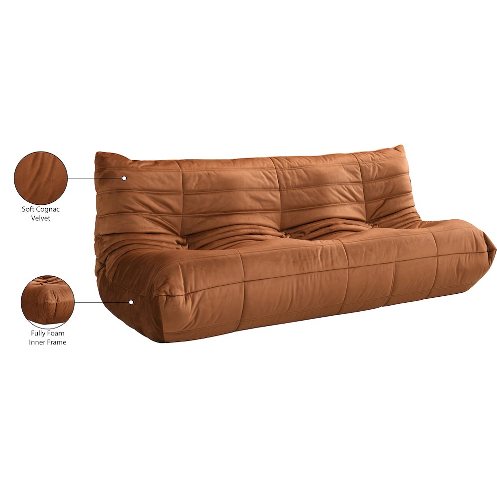 Relax 77.75" Cognac Velvet Upholstered Sofa