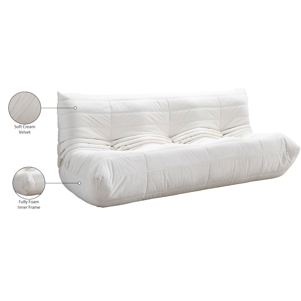 Relax 77.75" Cream Velvet Upholstered Sofa