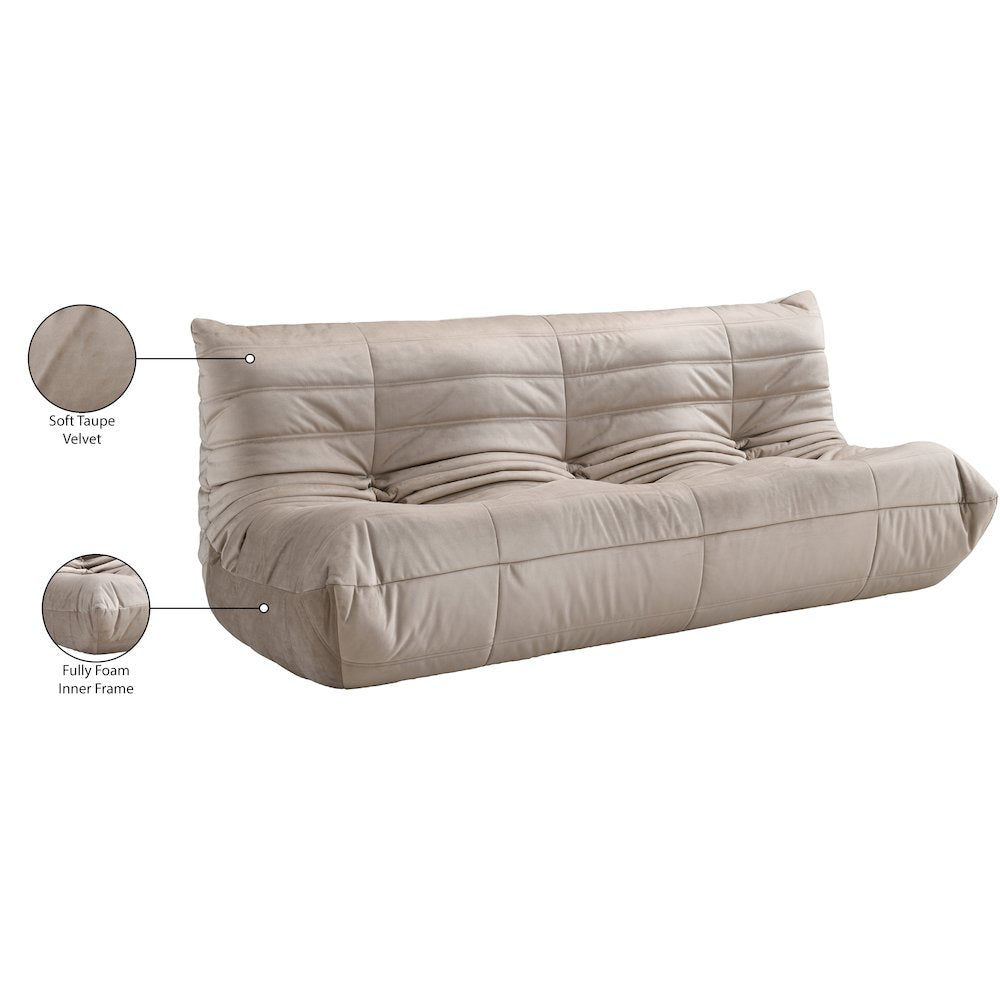 Relax 77.75" Taupe Velvet Upholstered Sofa