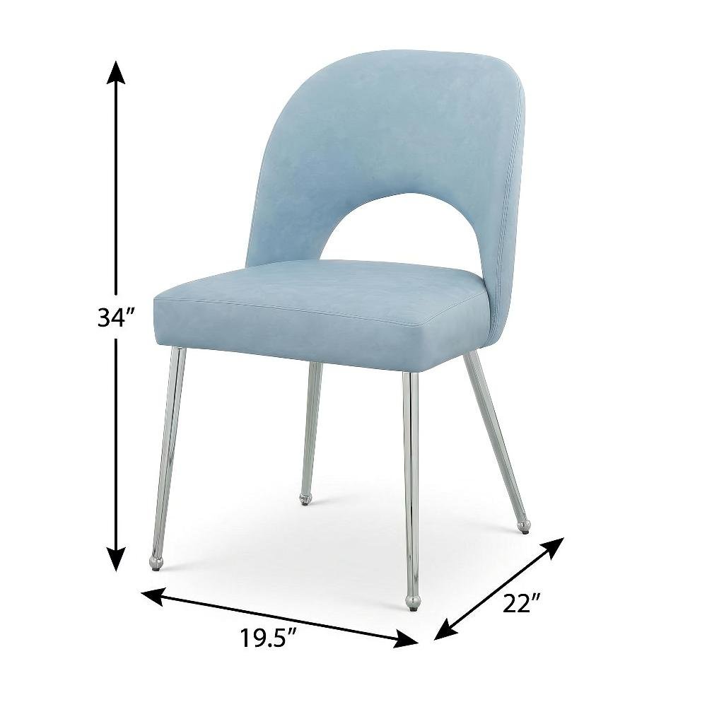 Chrome Light Blue Dining Chair Set of 2 with Vegan Leather Upholstery