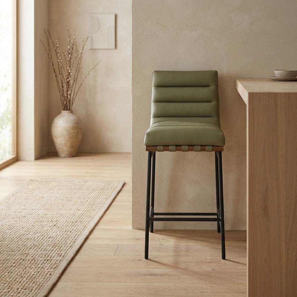 Vegan Leather & Boucle Counter Stool for Bar, Green Vegan Leather