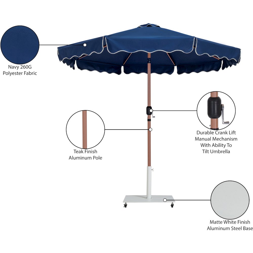 Amalfi Navy With Cream Piping / Matte White Metal Patio Umbrella with Base Sets