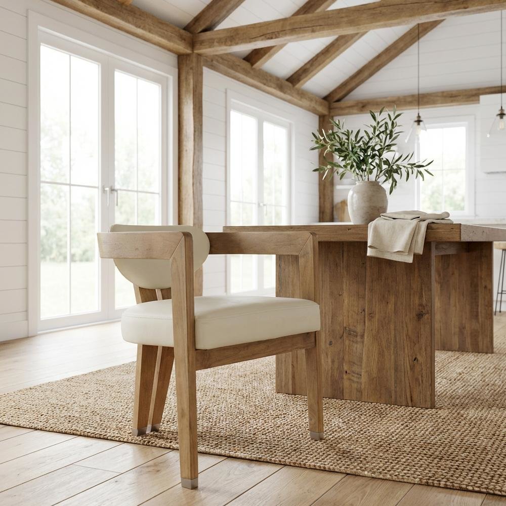 Neutral Wire Brush Vegan Leather Dining Chair with Armrests and Contemporary