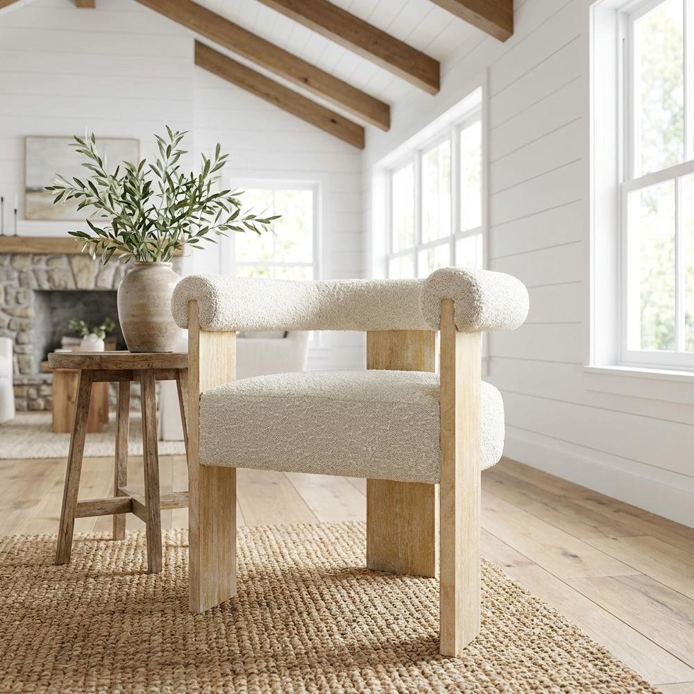 Neutral Boucle Fabric Dining Chair with Back and Armrests