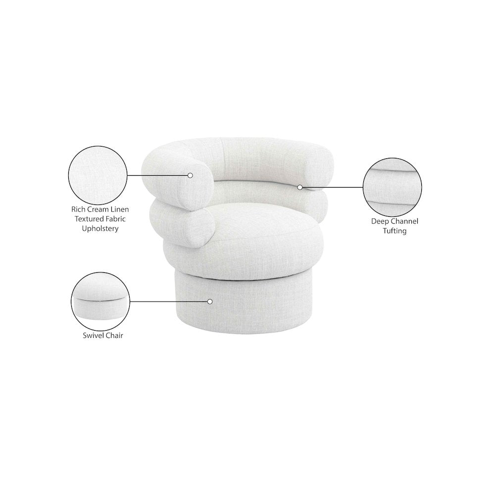 Valentina Cream Linen Textured Fabric Accent Swivel Chair