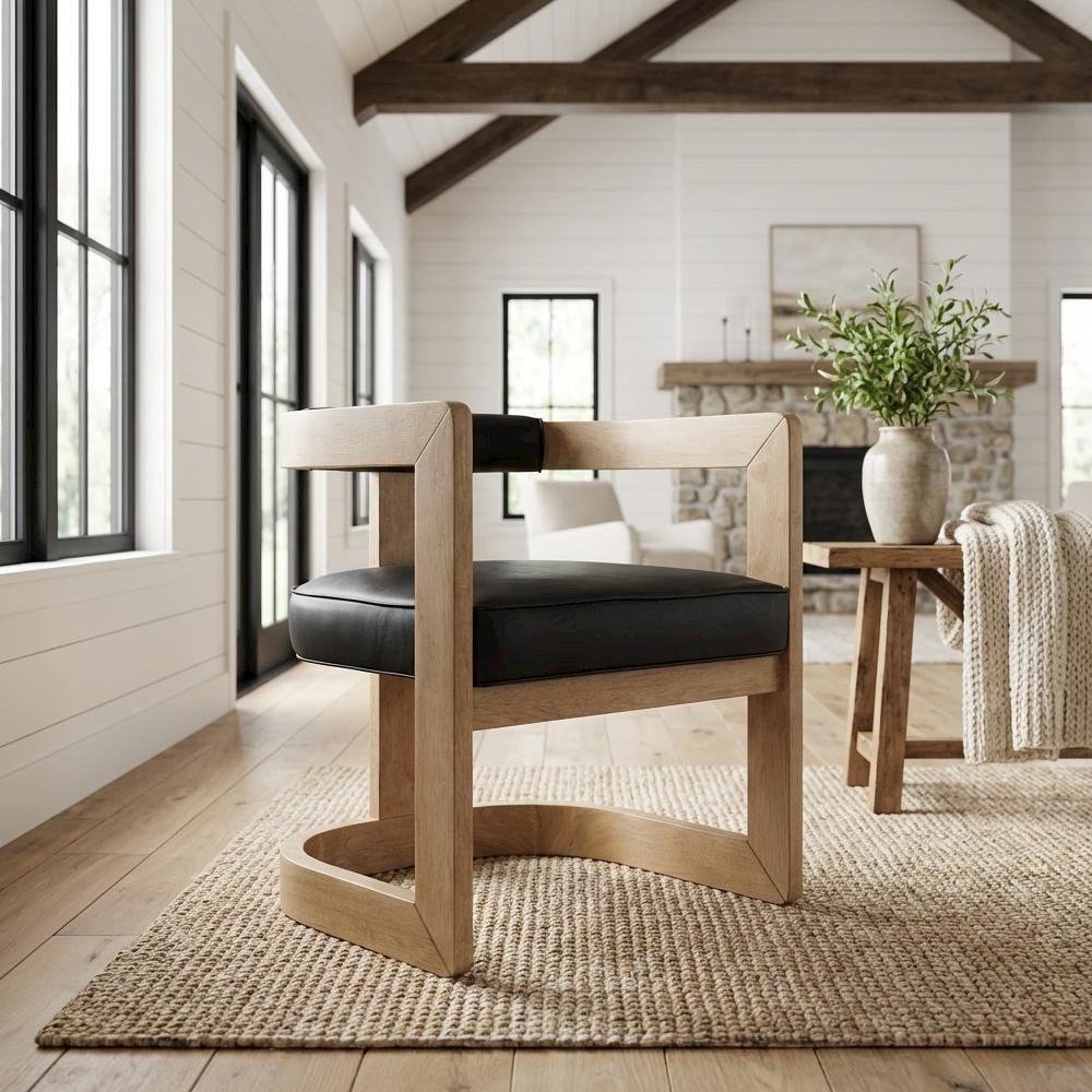 Dining Chair Neutral Wire Brush with Vegan Leather Seat and Contemporary Design
