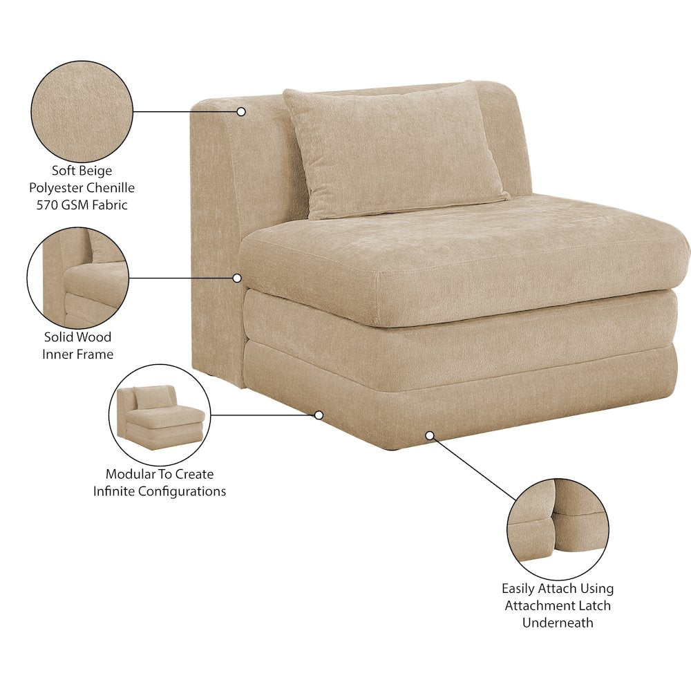 Stellar Beige Chenille Fabric Upholstered Modular Armless Chair