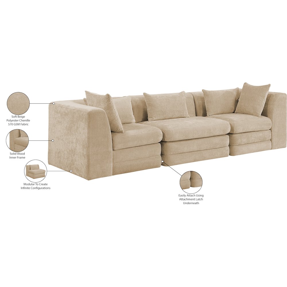 Stellar 114" Beige Chenille Fabric Upholstered 3pc. Modular Sofa