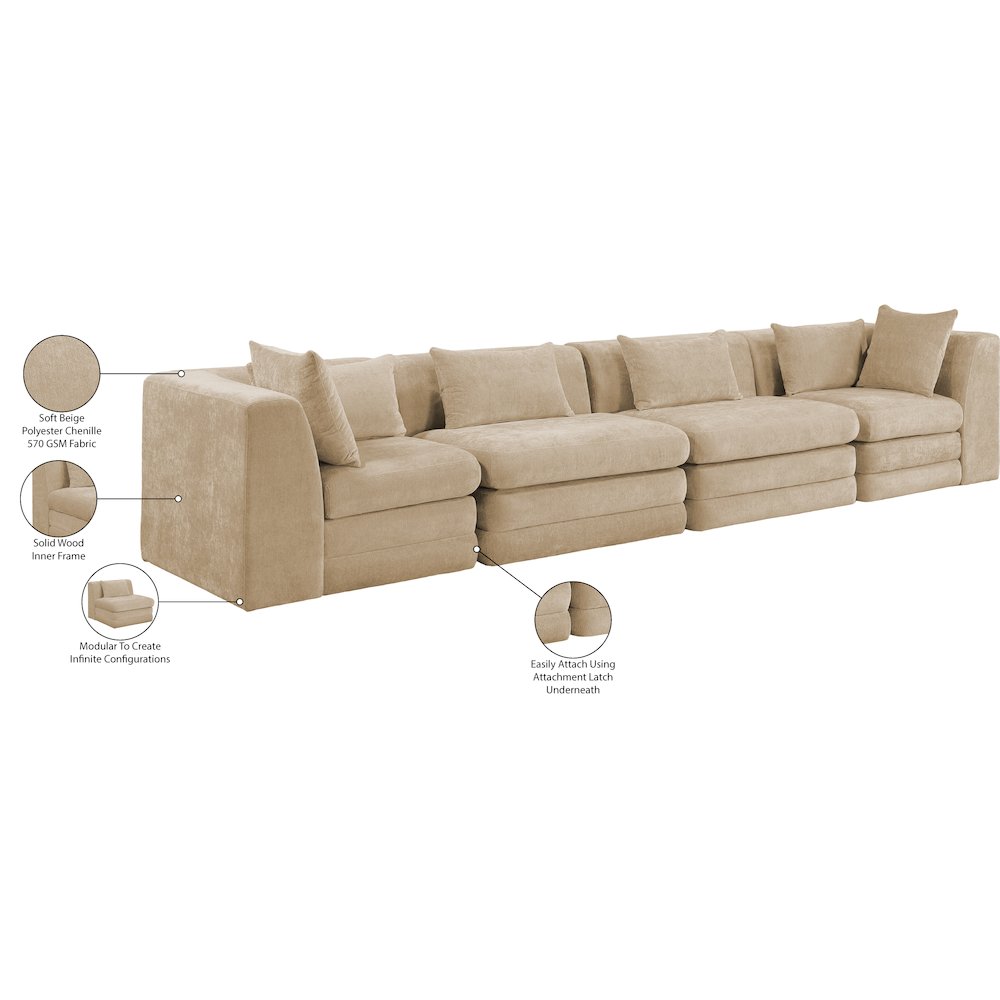 Stellar 152" Beige Chenille Fabric Upholstered 4pc. Modular Sofa