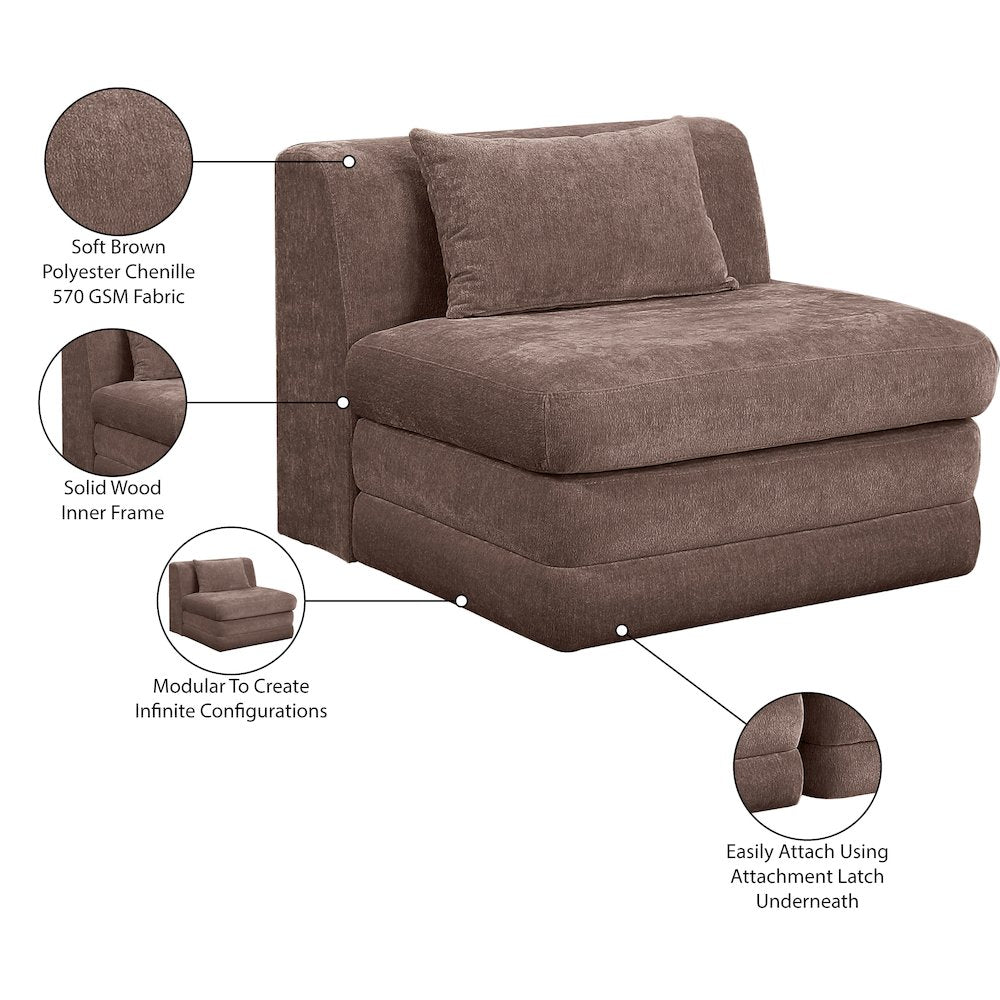 Stellar Brown Chenille Fabric Upholstered Modular Armless Chair