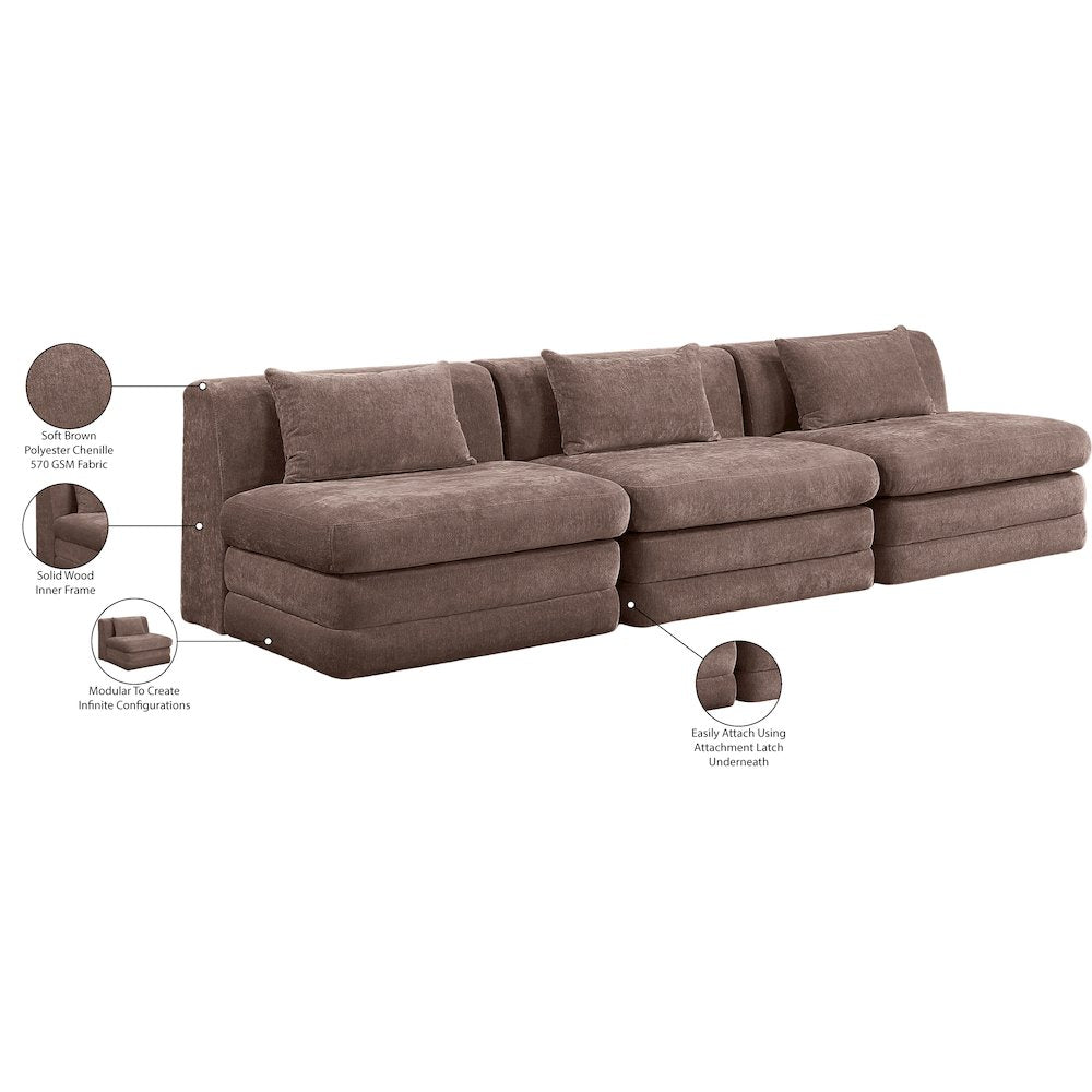 Stellar 114" Brown Chenille Fabric Upholstered 3pc. Modular Sofa