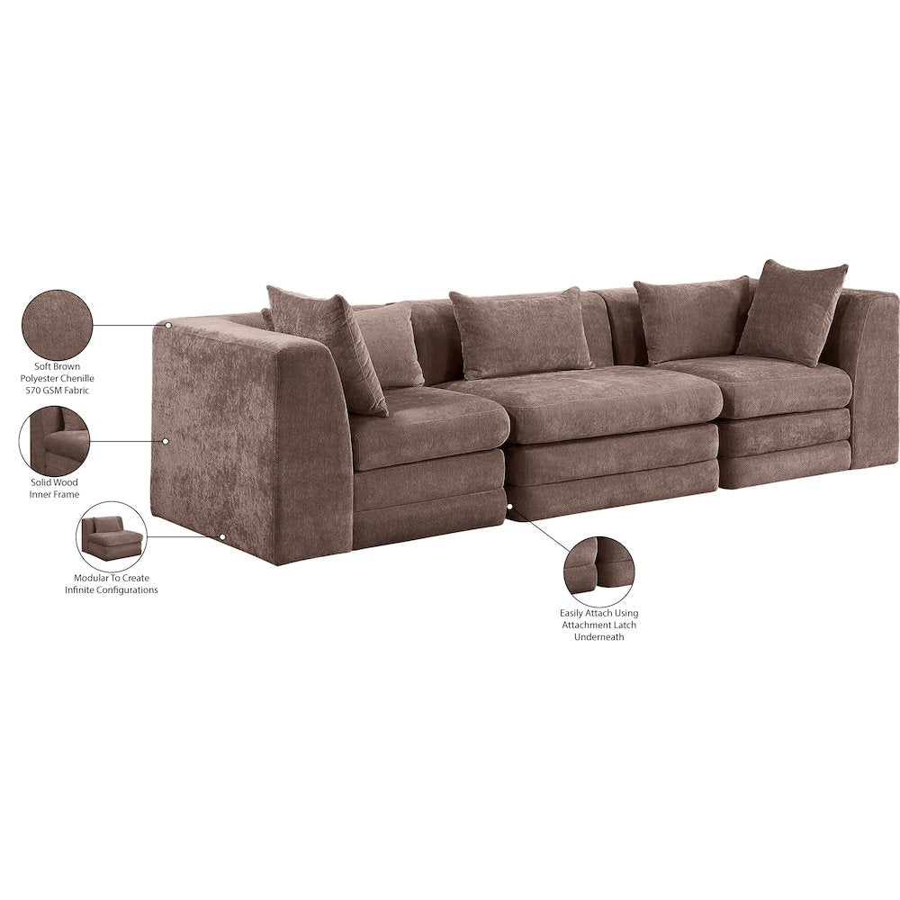 Stellar 114" Brown Chenille Fabric Upholstered 3pc. Modular Sofa