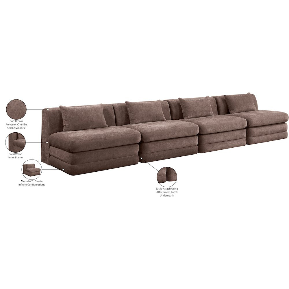 Stellar 152" Brown Chenille Fabric Upholstered 4pc. Modular Sofa