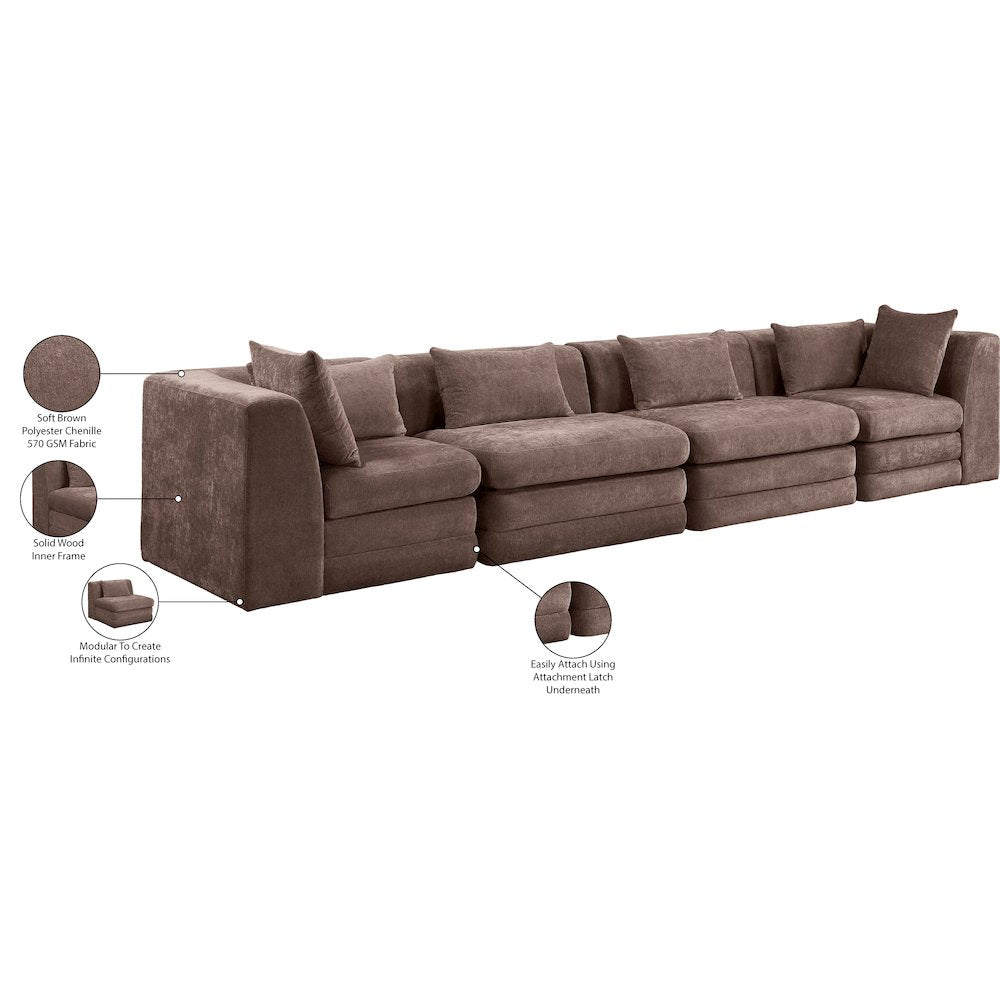 Stellar 152" Brown Chenille Fabric Upholstered 4pc. Modular Sofa