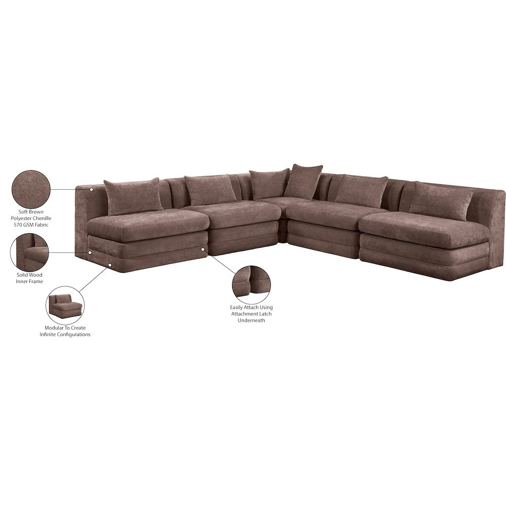 Stellar 114" Brown Chenille Fabric Upholstered 5Pc. Modular Sectional