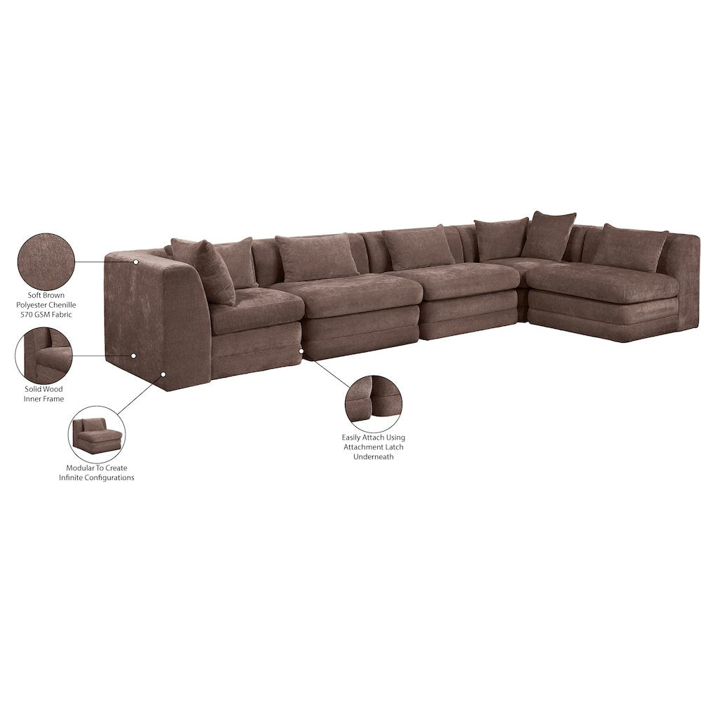 Stellar 152" Brown Chenille Fabric Upholstered 5Pc. Modular Sectional