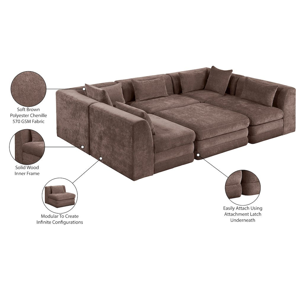 Stellar 114" Brown Chenille Fabric Upholstered 6Pc. Modular Sectional