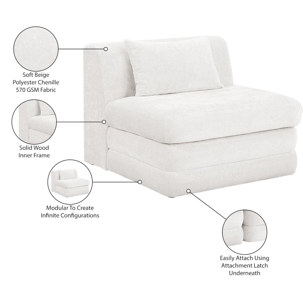 Stellar Cream Chenille Fabric Upholstered Modular Armless Chair