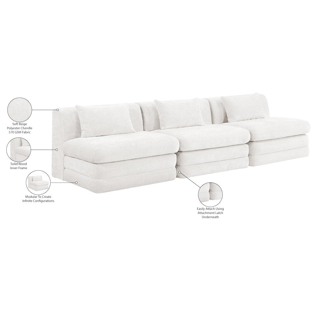 Stellar 114" Cream Chenille Fabric Upholstered 3pc. Modular Sofa