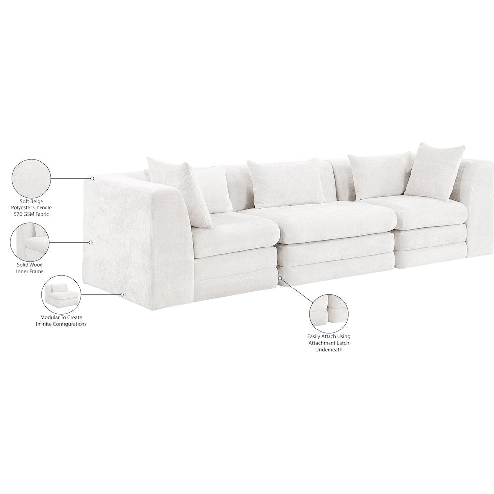 Stellar 114" Cream Chenille Fabric Upholstered 3pc. Modular Sofa