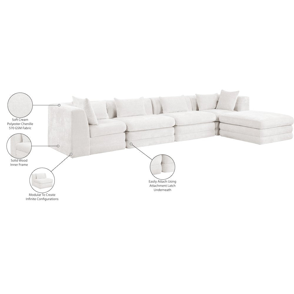 Stellar 152" Cream Chenille Fabric Upholstered 5Pc. Modular Sectional