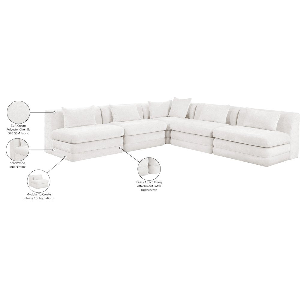 Stellar 114" Cream Chenille Fabric Upholstered 5Pc. Modular Sectional