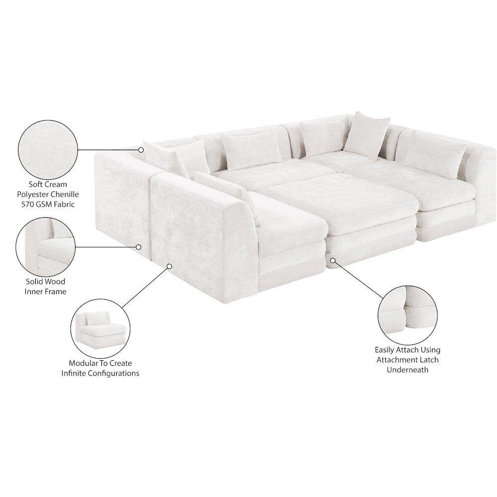 Stellar 114" Cream Chenille Fabric Upholstered 6Pc. Modular Sectional