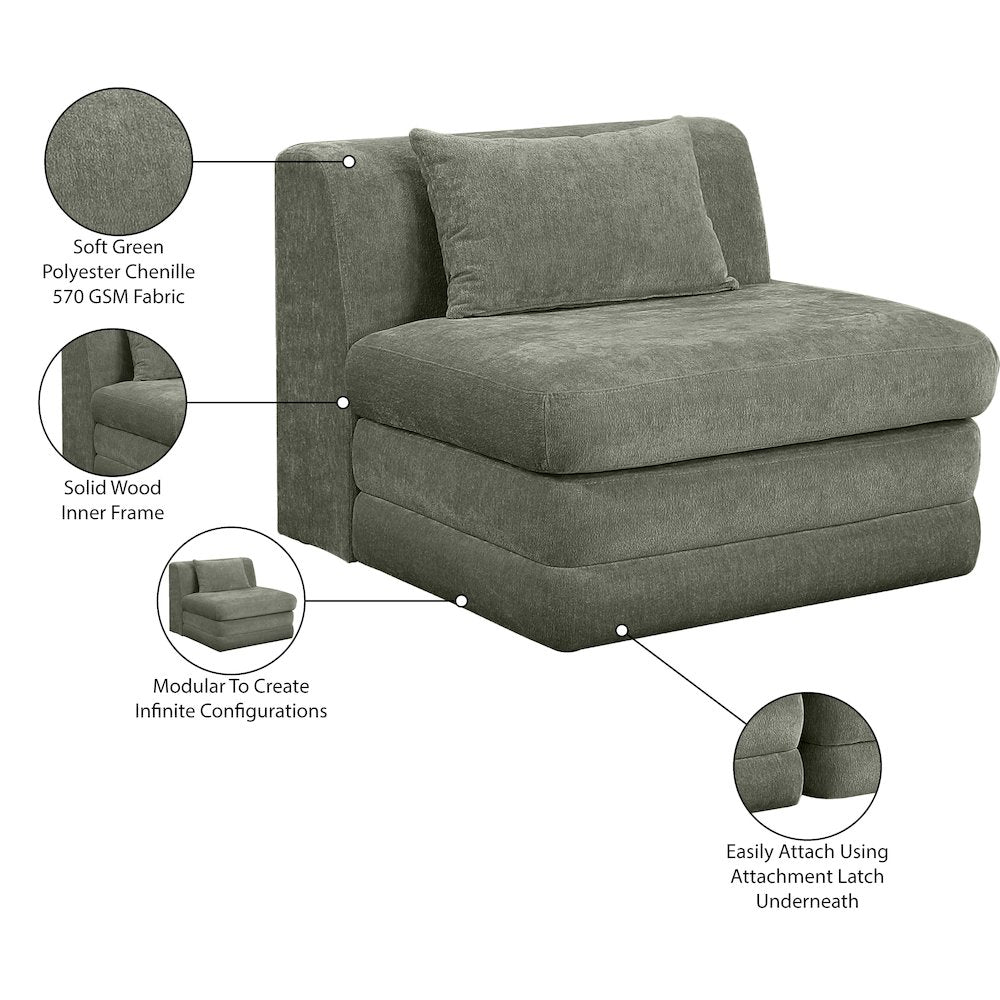 Stellar Green Chenille Fabric Upholstered Modular Armless Chair