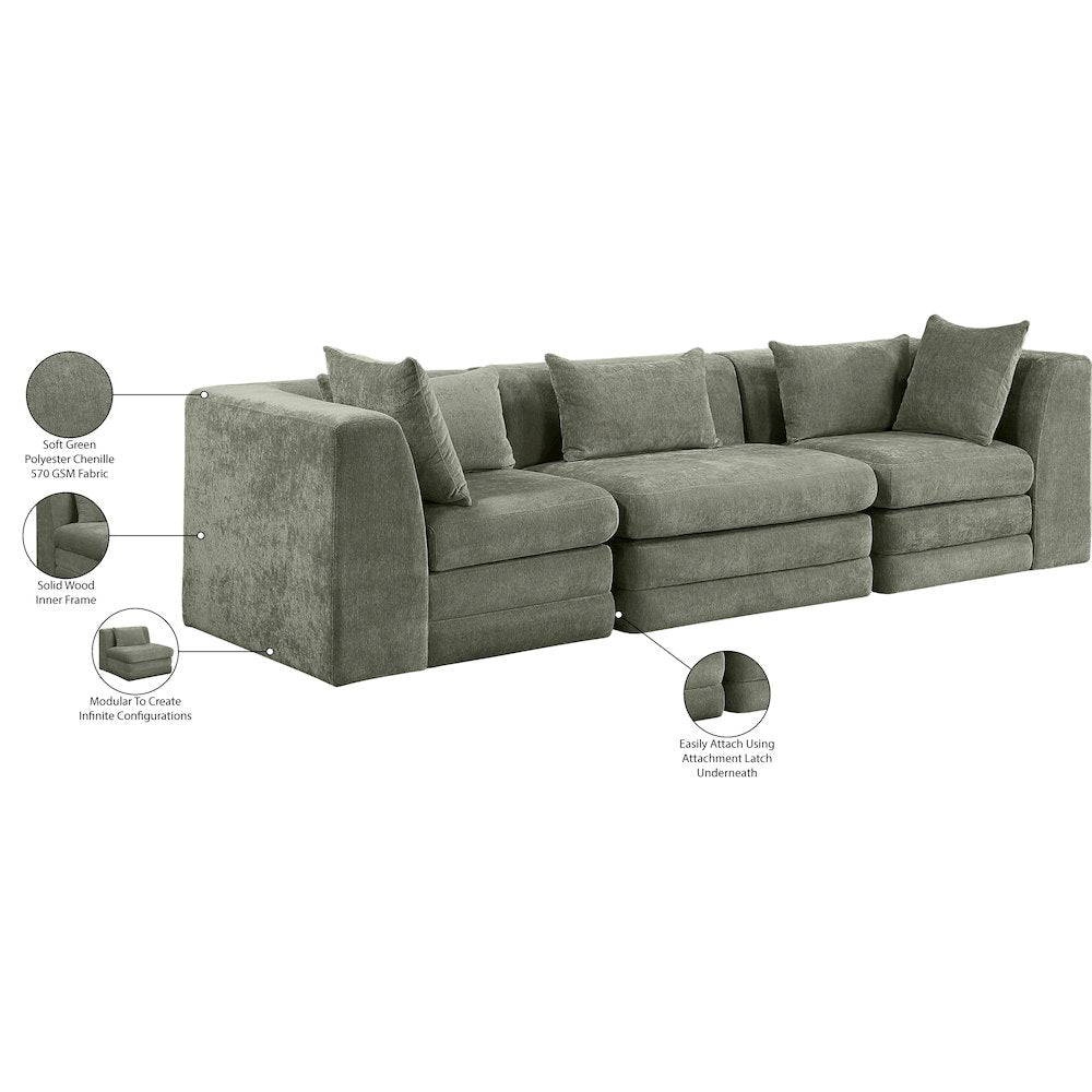 Stellar 114" Green Chenille Fabric Upholstered 3pc. Modular Sofa