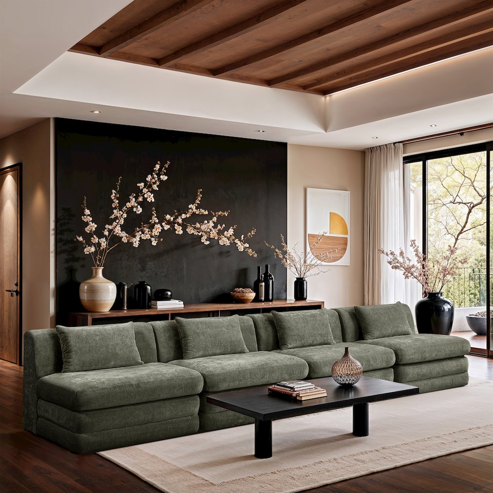 Stellar 152" Green Chenille Fabric Upholstered 4pc. Modular Sofa