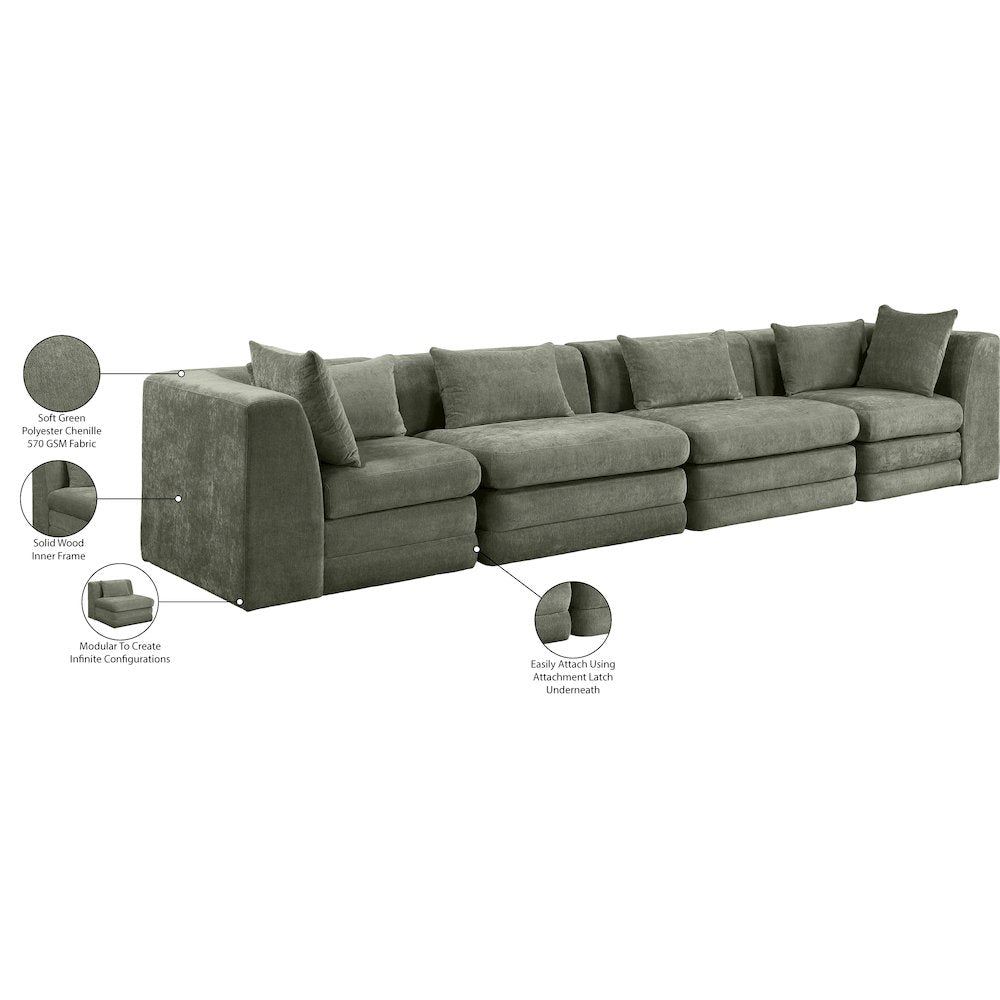 Stellar 152" Green Chenille Fabric Upholstered 4pc. Modular Sofa