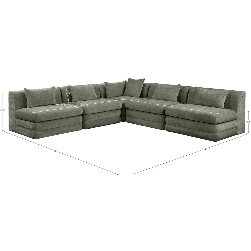 Stellar 114" Green Chenille Fabric Upholstered 5Pc. Modular Sectional