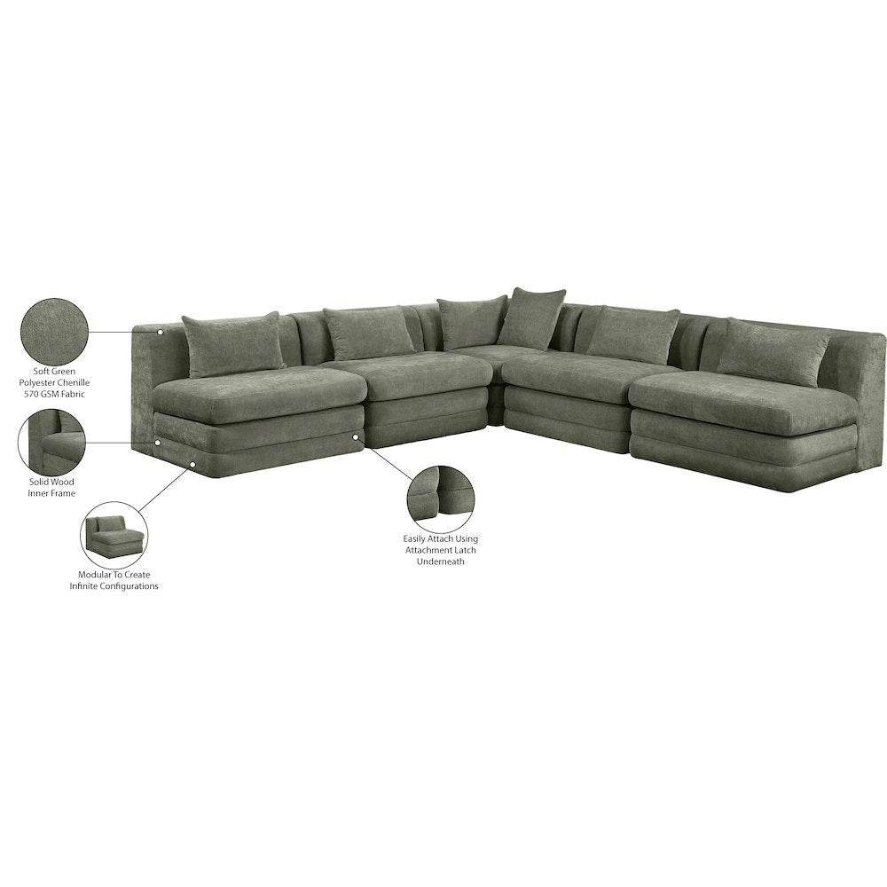 Stellar 114" Green Chenille Fabric Upholstered 5Pc. Modular Sectional