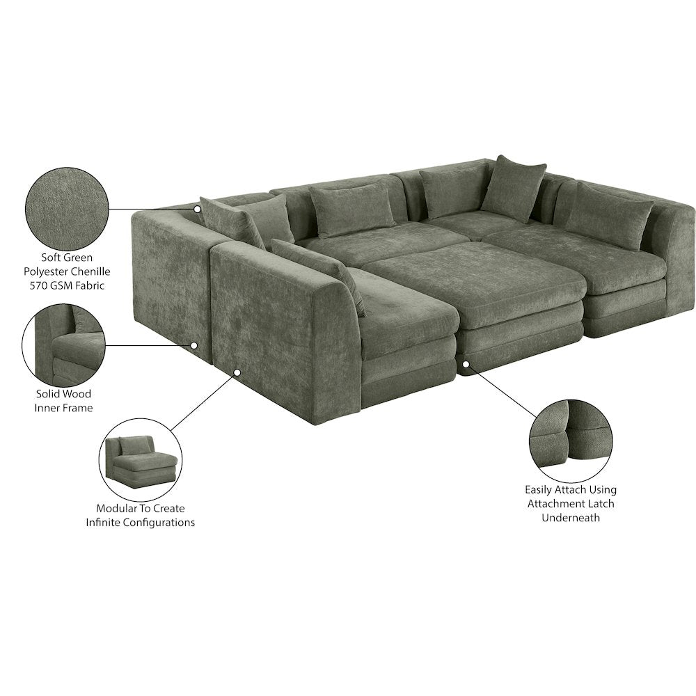 Stellar 114" Green Chenille Fabric Upholstered 6Pc. Modular Sectional