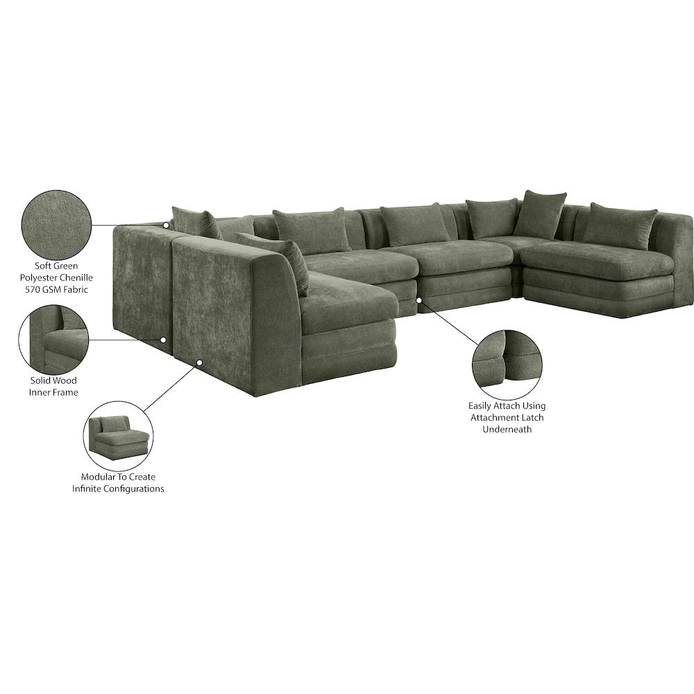 Stellar 152" Green Chenille Fabric Upholstered 6Pc. Modular Sectional