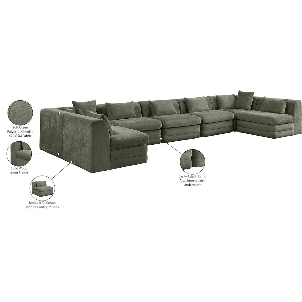 Stellar 190" Green Chenille Fabric Upholstered 7Pc. Modular Sectional