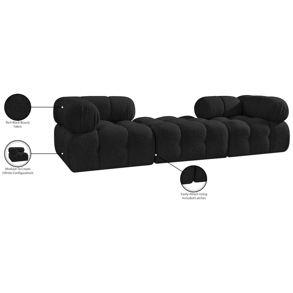 Ames 102" Black Boucle Fabric Upholstered 3pc. Modular Sofa