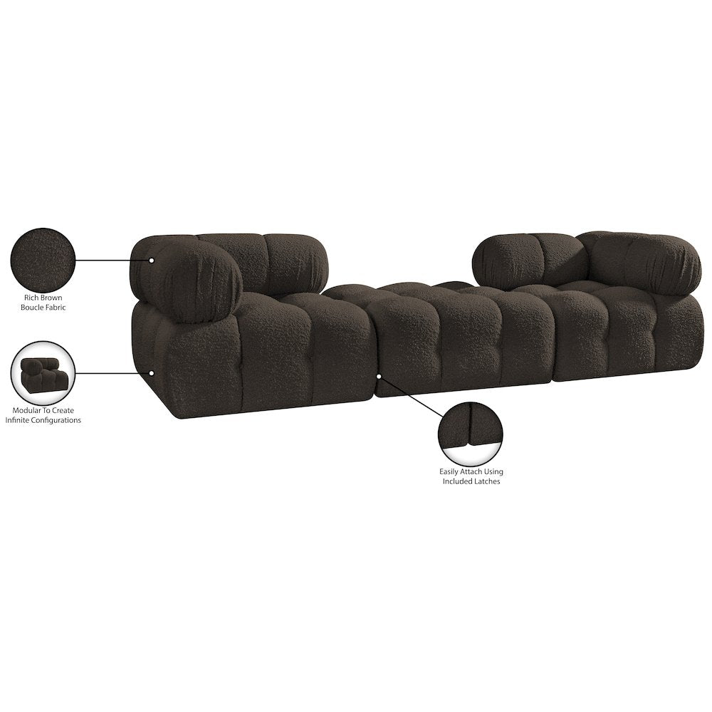 Ames 102" Brown Boucle Fabric Upholstered 3pc. Modular Sofa